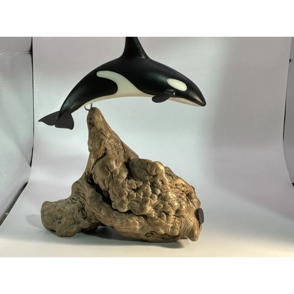 John Perry Diving Killer Whale Orca Burl Wood Base